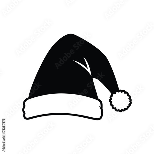 A black santa hat with white trim and pom pom isolated on a white background in a minimalist style silhouette