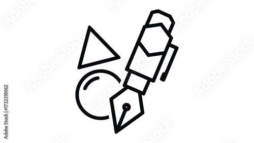 Artistic Tools: A black and white, vector-style illustration featuring a fountain pen alongside geometric shapes, symbolizing creativity, design and innovation.