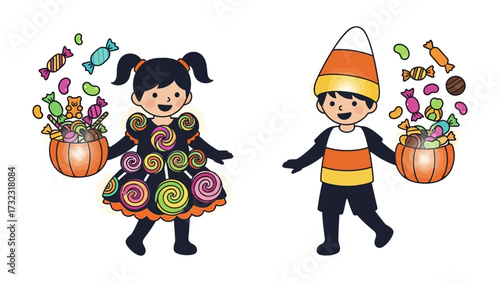 Halloween Candy Kids: Two cheerful children are joyfully enjoying the sweet magic of Halloween, their baskets overflowing with colorful candies, ready for trick or treat night.