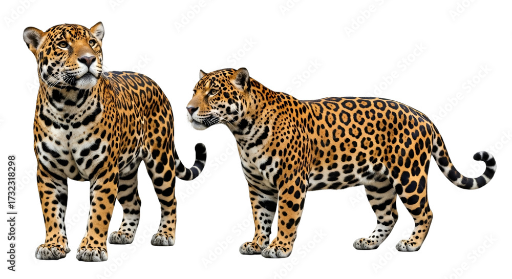 Obraz premium Two Majestic Jaguars on White Background: Powerful Wild Big Cats with Spotted Fur, Perfect for Wildlife, Nature, and Exotic Animal Designs Isolated for Easy Use