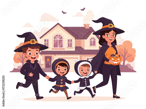 Halloween Family Fun: A mother and three children, dressed in festive costumes, eagerly approach a house, ready for an evening of trick-or-treating and seasonal delight. 