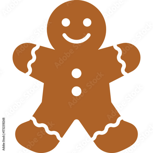 A simple gingerbread man cookie with white icing details on a plain white background in a flat design style silhouette
