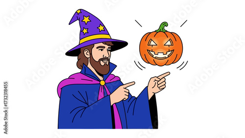 Enchanting Halloween: A wizard, resplendent in a whimsical costume, conjures a glowing pumpkin, his gaze filled with both glee and mystery.