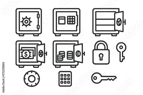 Safe and vault icon collection. Line art vector set for finance and security concepts. Includes deposit box, money, coins, key, padlock, keypad, combination dial symbols.