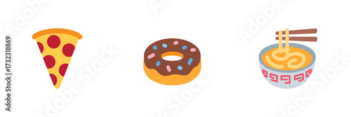 A slice of pepperoni pizza, a chocolate frosted donut with sprinkles, and a bowl of ramen noodles with chopsticks, all isolated on a transparent background