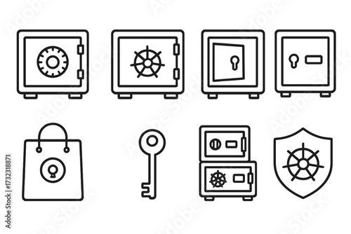 Safe deposit box and security line icon set. Vector illustration of bank vault, strongbox, key, and protection shield. For finance, money safety, and wealth concepts.