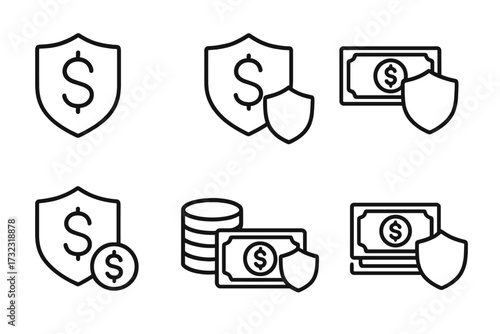 Money protection icon set. Financial security and insurance concept. Dollar sign with shield, safe payment, and investment safety symbols. Finance guarantee vector line icons.