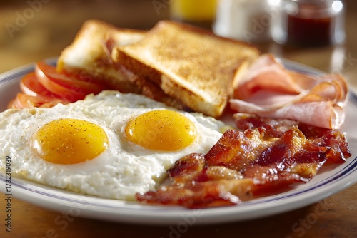 Plate of American breakfast featuring fried eggs and toast.
