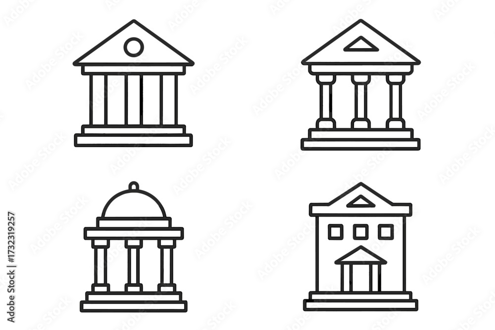 Obraz premium Bank building outline icon set. Financial institution, courthouse or university vector line art collection. Classic government architecture pictogram. Editable stroke graphic.