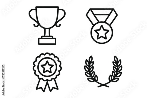 Award winner line icon set with trophy, medal, and prize ribbon. Laurel wreath for victory. Champion and first place symbols for competition and success. Editable stroke vector.