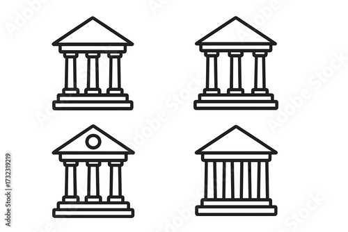 Bank building outline icon set. Courthouse, university, government symbols. Finance, law, education concepts. Classic Greek architecture vector line collection. Editable stroke.