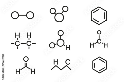 Chemistry science icon set. Vector line art of molecule formulas and chemical structures. Education symbols for organic chemistry, atoms, bonds, hydrocarbons, and benzene rings.