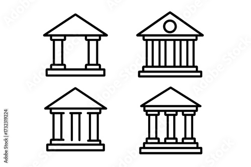 Bank building line icon collection. Financial institution, university, courthouse, government building thin outline symbols. Classic greek architecture vector pictogram set. Editable stroke.
