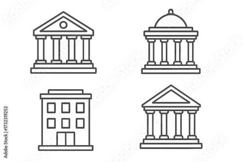 Bank and government building line icon set. Collection of financial, courthouse, and public institution architecture symbols. Editable stroke vector illustration for finance.