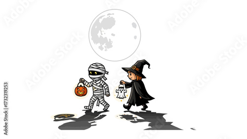 Trick-or-Treaters Under the Full Moon: Two adorable characters, a mummy and a witch, with their trick-or-treat bags, walk towards the viewer under a bright, full moon, casting spooky shadows. A fun.