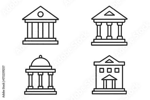Bank building outline icon set. Financial institution, courthouse or university vector line art collection. Classic government architecture pictogram. Editable stroke graphic.