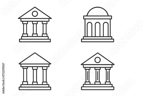 Bank building outline icon collection. Financial institution, government, courthouse, university symbols. Simple thin line vectors for web, UI, UX, infographic. Editable stroke.