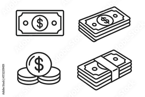 Money icon set. Cash dollar outline symbols. Banknote bundle and coin stack. Finance payment concept. Banking currency sign. Economy wealth. Business investment. Vector line art.
