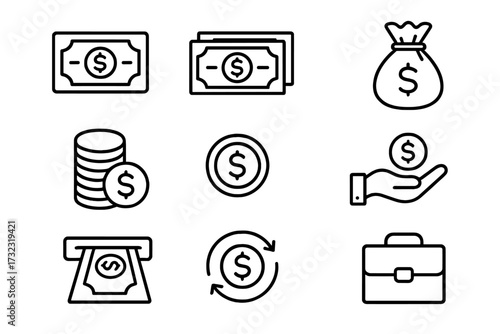 Money and finance line icon set. Cash, currency, payment and banking symbols. Business investment, savings, and income concept. Vector outline illustration with editable stroke.