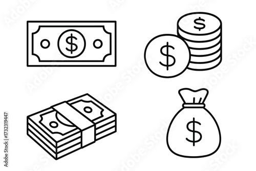 Money outline icon set. Cash, dollar banknote, coin stack, money bag vector icons. Financial and business concept. Thin line symbols for payment, currency, savings, and investment.