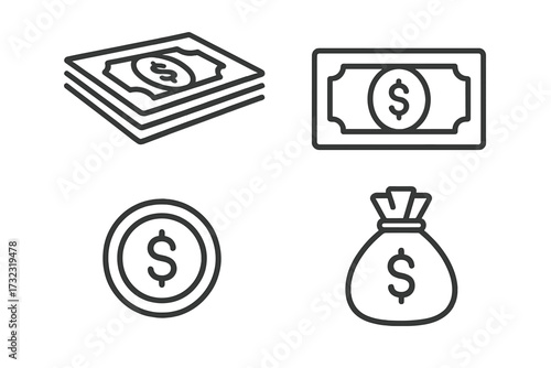 Money icon set outline style. Cash payment symbol collection. Dollar sign. Finance, investment and banking concept. Currency, banknote, coin and money bag vector icons.