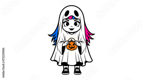 Halloween Ghostly Delight: A charming cartoon character in a ghost costume holding a trick-or-treat pumpkin bucket. Its playful form and spirit of Halloween celebration.