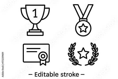 Award and victory outline icon set. Winner trophy, first place medal, and achievement certificate symbols. Success concept for champions. Editable stroke vector illustration.