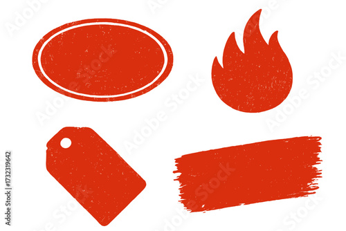 Grunge sale icons set. Red rubber stamp texture effect. Distressed price tag, hot deal fire flame symbol, promotion badge and brush stroke. Vector design elements for marketing.