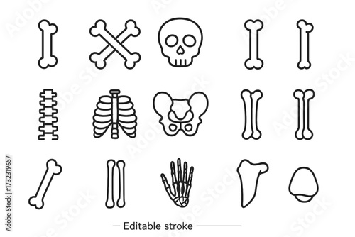 Bone icons collection. Human skeleton, anatomy, medical. Line symbol set for orthopedics. Editable stroke. Skull, crossbones, rib cage, spine, pelvis, hand vector pictograms.