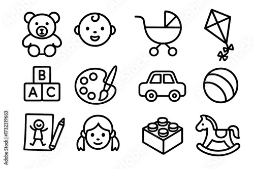 Childhood line icon set. Baby toys, kindergarten, and preschool symbols. Vector collection of simple outline icons like teddy bear, stroller, car, rocking horse, and ball.