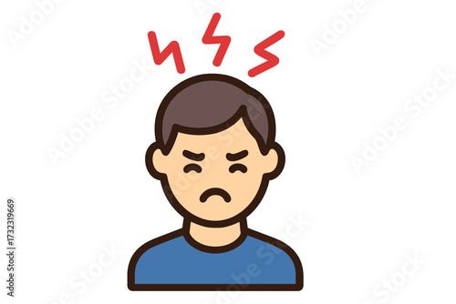 Man with a headache and stress. Angry person icon. Vector illustration of frustration, anxiety, and mental pain. Negative emotion symbol for burnout and pressure concepts.