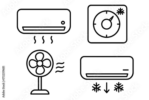 Climate control icon collection. Vector outline symbols for air conditioning, heating, and ventilation. Simple linear icons of AC unit, fan, and thermostat. Editable stroke.