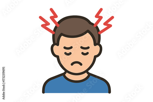 Headache and migraine icon. Man suffering from head pain, stress, and tension. Concept for mental health, burnout, anxiety, and depression. Symptom of illness vector.