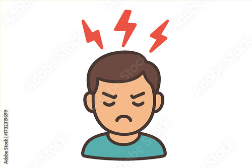 Headache and migraine icon. Angry man with stress and anxiety. Mental health concept. Burnout and frustration. Negative emotions and crisis. Vector illustration of a character.