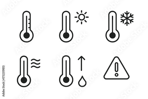 Weather icons set. Thermometer, temperature, heat, cold, humidity, alert symbols. Sun, snowflake, warning sign. Thin line vector illustration for web, app, meteorology.