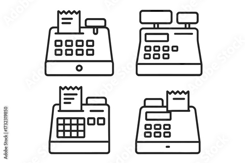 Cash register line icon set. Minimalist linear pictograms with editable stroke. Checkout, payment, sale, and finance concepts. Vector symbols for retail, shop, store, web.