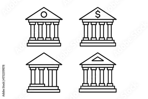 Bank building line icon set. Finance, government, university, crypto exchange symbols. Financial institution, courthouse pictogram. Editable stroke vector illustration.