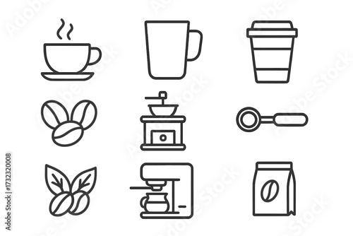 Coffee line icon set. Vector pictogram collection with editable stroke. Cafe equipment symbols. Espresso machine, grinder, beans, hot drink cup, mug. Barista concept signs.