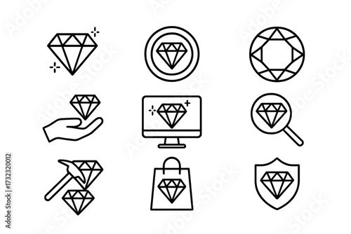 Diamond line icon collection. Gemstone, jewel, and crystal symbols. Concepts of luxury, wealth, value, quality. Includes mining, shopping, appraisal, and digital assets.