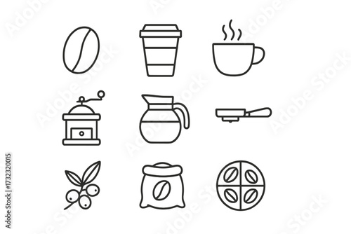 Coffee line icon pack. Editable stroke. Minimal pictogram set. Concept of coffee making, cafe, beverage. Includes bean, grinder, pot, cup, espresso. Vector outline illustration.