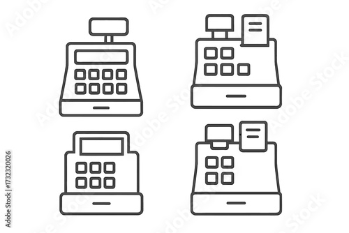 Collection of cash register line icons. Minimalist vector pictogram set for retail, payment, and checkout concepts. Editable stroke symbols for store, sale, finance, and business.