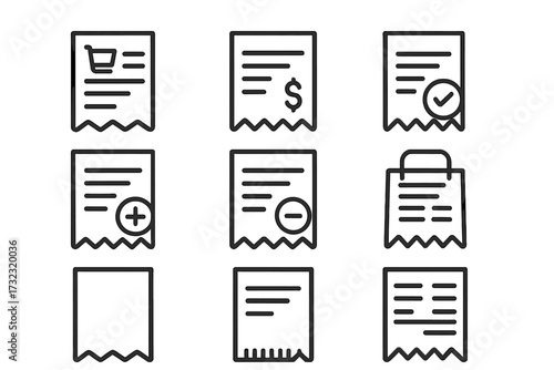Store receipt and bill icon collection. Minimalist line icons for payment, invoice, and shopping list. Financial transaction and expense tracking symbols. Editable stroke vector set.