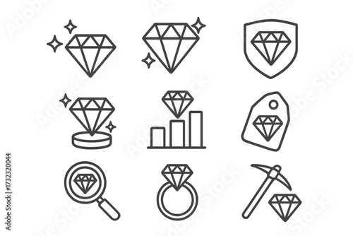 Diamond line icon set. Editable stroke vector collection. Concepts of jewelry, luxury, value, quality, investment, and mining. Symbols for gem, precious stone, and wealth.