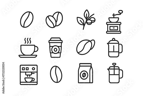 Coffee line icon set. Editable stroke pictogram collection. Cafe and restaurant menu symbols. Coffee bean, cup, grinder, french press, machine. Hot drink and beverage vector signs.