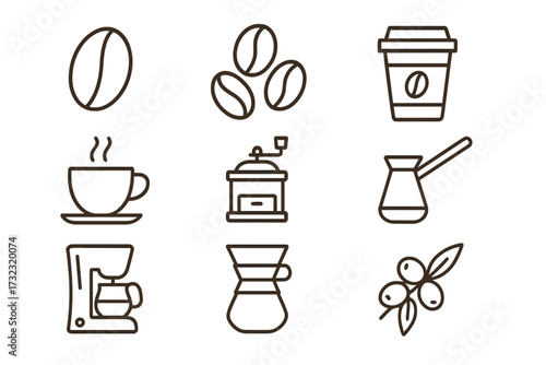 Coffee line icon set. Collection of minimalist pictograms: bean, cup, grinder, pour over, drip maker, cezve. Vector graphic symbols for cafe menu and app. Editable stroke.