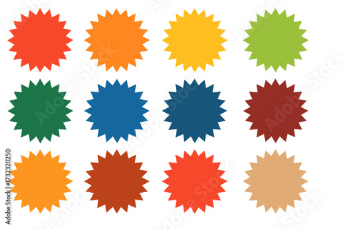 Big set of starburst sale stickers. Colorful sunburst price tags and discount badges for shopping promotions. Vector label and retro style special offer graphic elements.