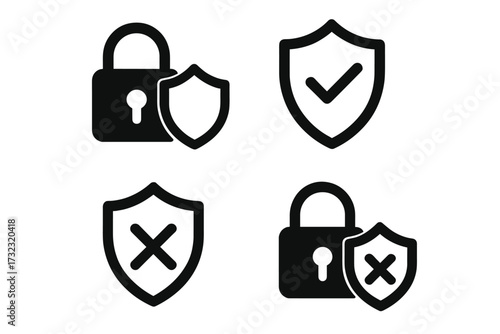Cybersecurity and data protection vector icon set. Shield and padlock with check and cross marks. Concept of digital safety, privacy, secure access, protected and unprotected.
