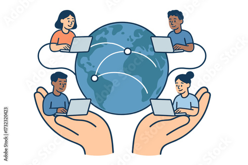 Global connectivity and cooperation concept. Diverse people on laptops working online. Remote team collaboration worldwide. Digital network held in supportive hands. Teamwork.