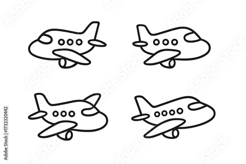 Airplane icon set for travel and aviation concepts. Simple black line art plane collection. Vector graphic for flight, transport and tourism design. Doodle cartoon style.