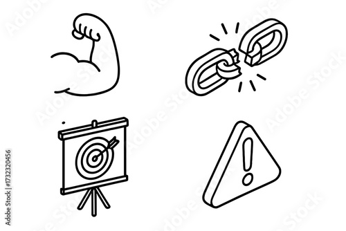 Isometric line art icon set for business strategy and project management. Strength, weakness, risk, and goal concepts. Bicep, broken chain, warning sign, and target with arrow.
